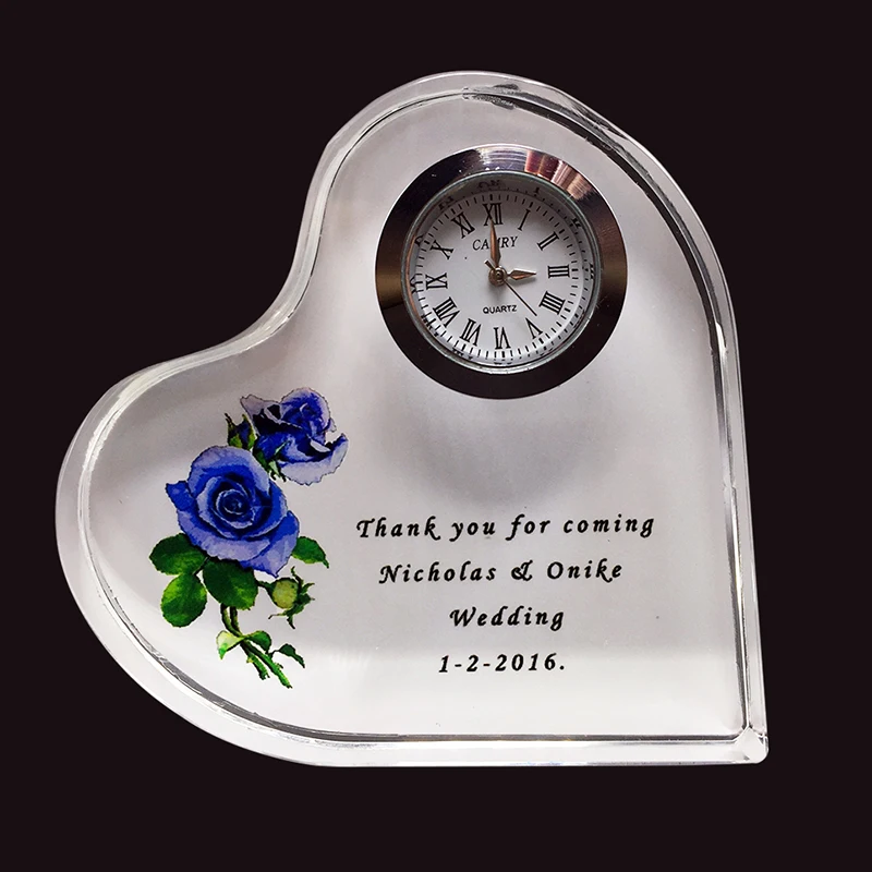 Free shipping 50 pcs/lot Customized Image printing personality Crystal Glass Heart Shape Wedding Clock Favor Gifts