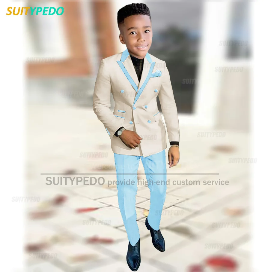 

Tailor-made Boys Suit Sets Birthday Party Fashion Double Breasted Outfits Classic Children Slim Fit Beige Blazer Pants 2 Pieces