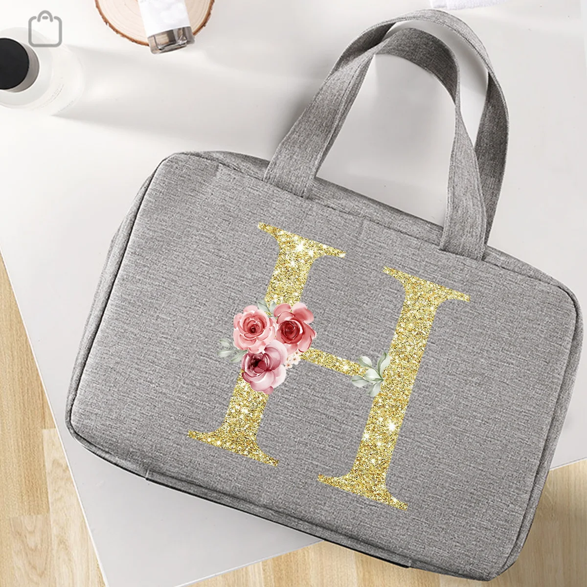 Golden letter printed travel waterproof foldable dry wet separation wash bag with large capacity cosmetic storage bag