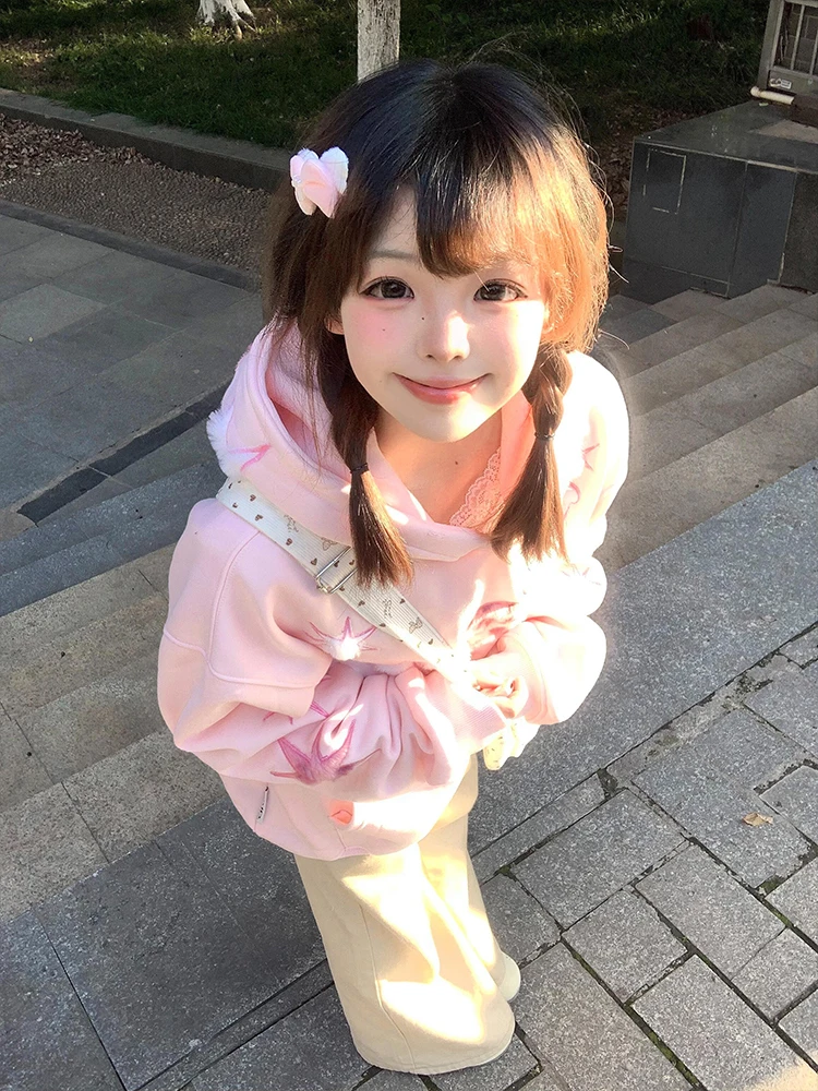 

American High Street Plu Star Pink Hoodie Women's Spring Autumn New Loose Sweet Design Sense Outerwear