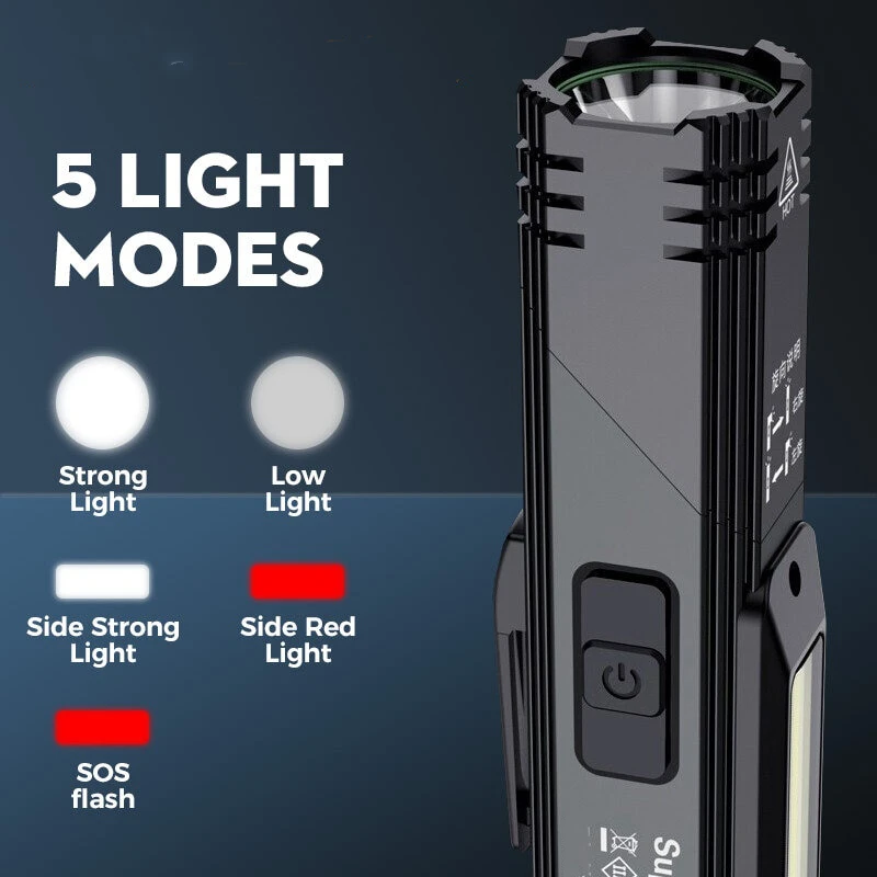 90° Twist Rotary LED Flashlight 5 Modes Light USB Rechargeable Magnetic Tactical Outdoor COB Work Lamp for Camping Fishing