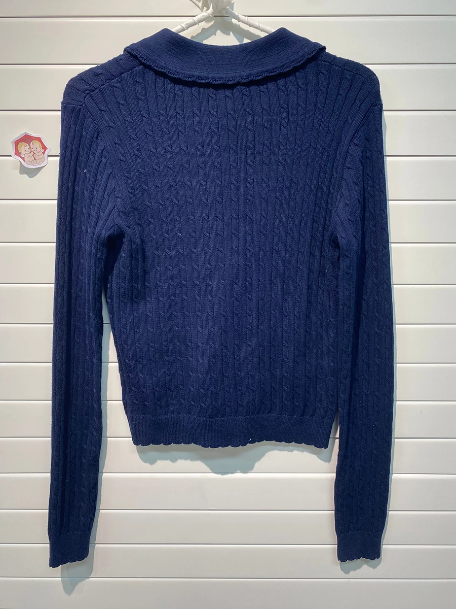 Navy Twist Babydoll Collar Cardigan Women Autumn New Lace Trim Cotton Buttons Knitted Jumper Cute Sweet Preppy Style Sweaters