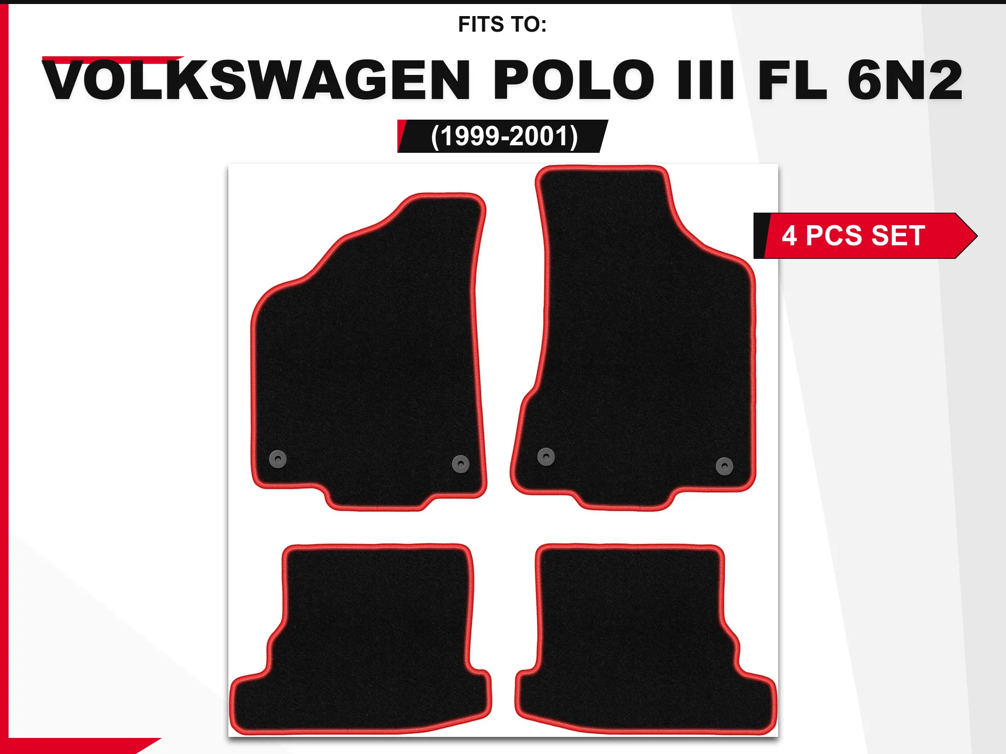 Velour matten voor: Volkswagen Polo III FL 6N2 1999-2001 zwart en rood bijpassende set autovloerbedekking