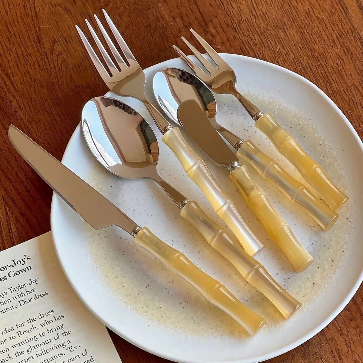 304 Bamboo Stainless Steel Tableware Handle Set Household High-value Western Food Spoon Steak Knife and Fork Acrylic