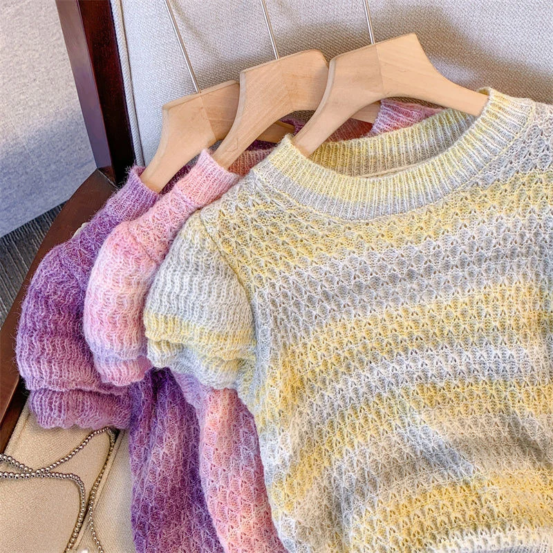 Summer Rainbow O Neck Short Sleeve Women Knitted Pullovers Fashion Harajuku Casual Sweet Oversized Clothing T Shirts Pink Dating