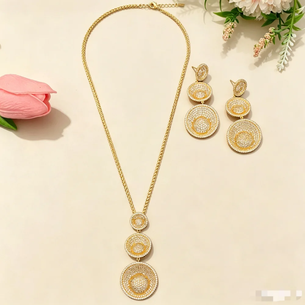 JRH Gold Plated Copper Women's Jewelry Set Circle Micro-Inlaid Zircons Starlight for Daily Date Wear