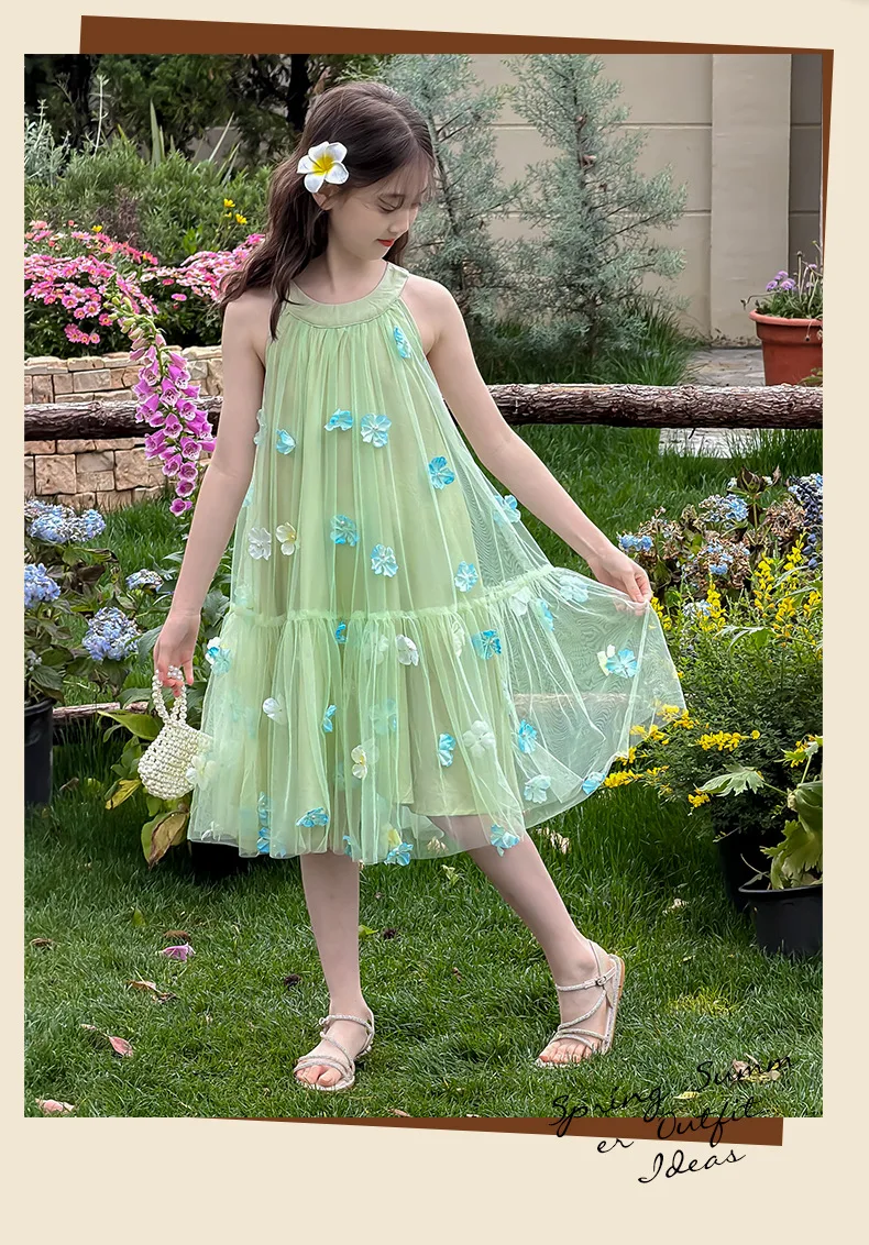 

2026 New Baby Summer Girls Teenage Floral Green Mesh Dress, Princess Kids Sweet Fashion Party Dress 5-12 T