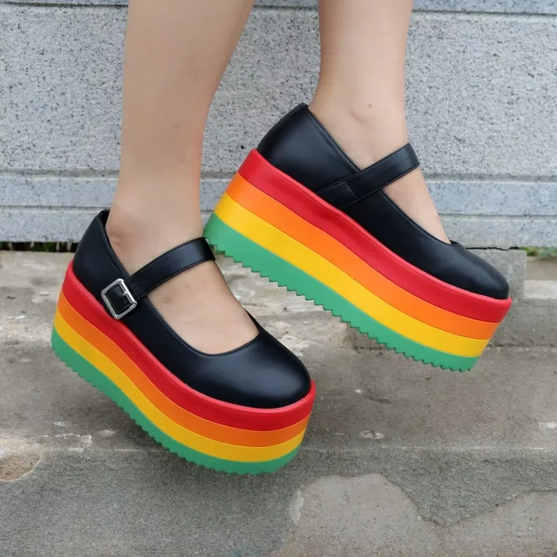 Sweet Mixed Color Rainbow Women Pumps Fashion Chunky Heel Platform Belt Buckle Single Shoes All Match Casual Mary Janes Female