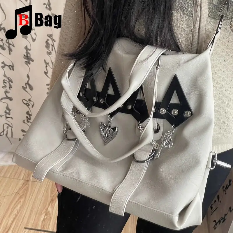 Y2K Gothic Women\'s Girls Punk Handbags Harajuku Single Shoulder Crossbody Student Class Large Capacity Rivet Commuting Bag Totes