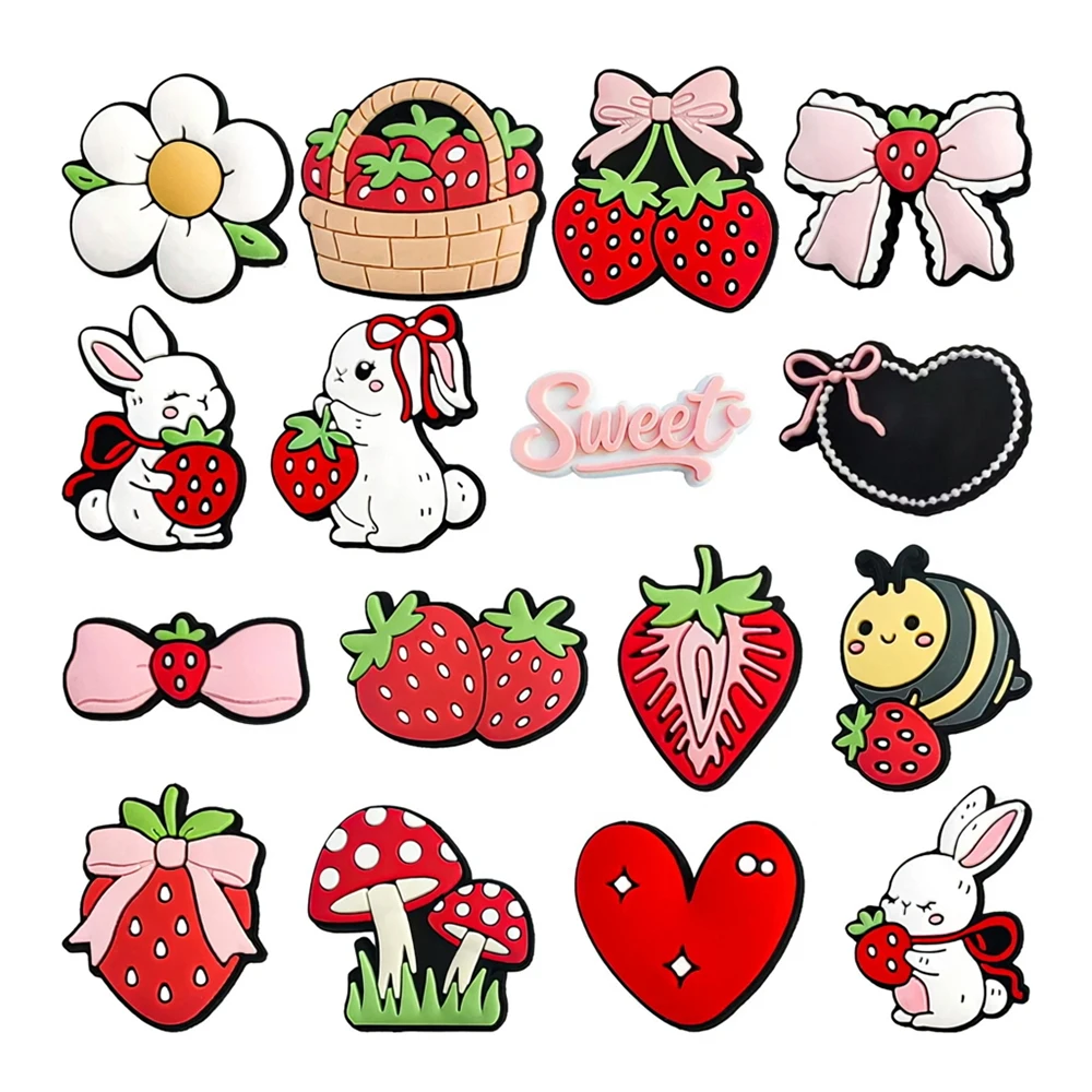 5/16PCS Cartoon Strawberry Rabbit Shoe Charm Sweet Fruit PVC Wristband Beach bag Decor Buckle Detachable Waterproof Party Gift