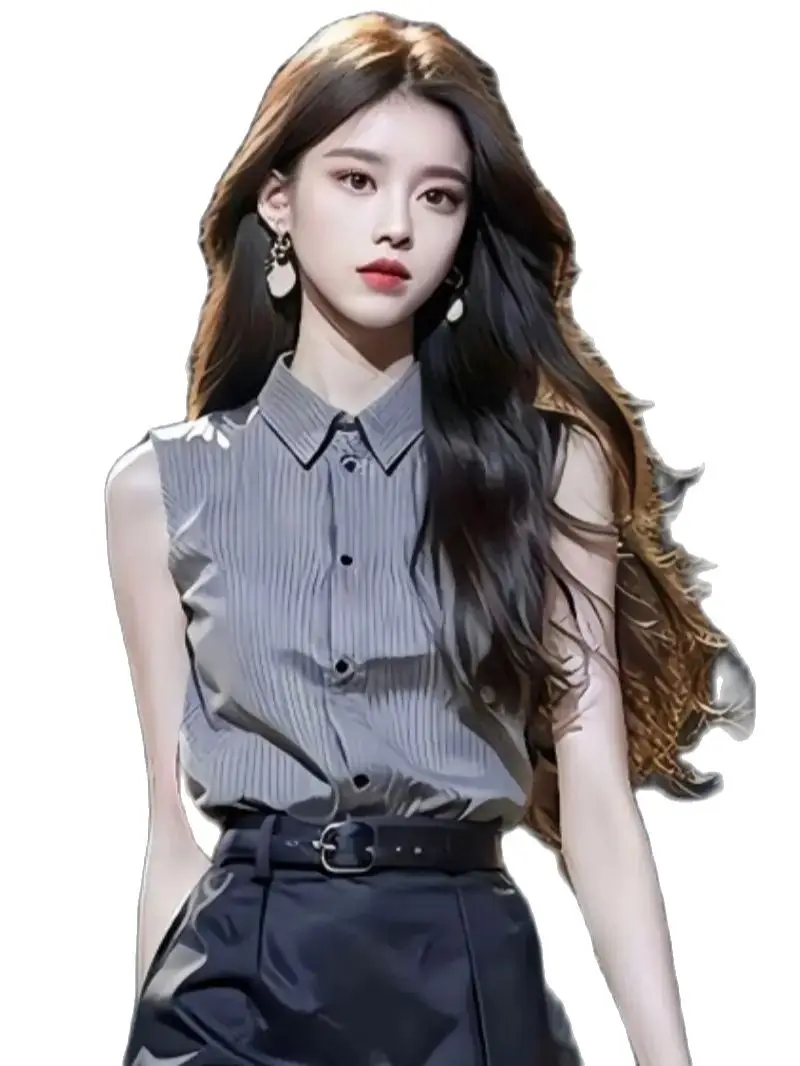 Korea Women'S Two Piece Skirt Set Shirt Fashion Woman Blouse Female Clothing Sleeveless Womens Tops Elegant Youth Woman Blouses
