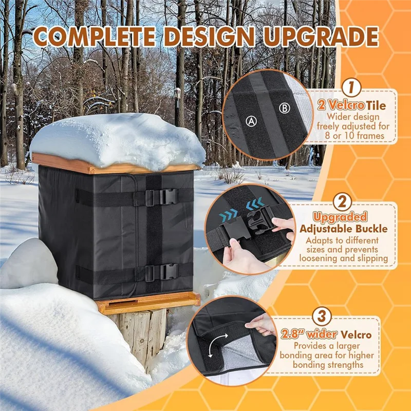 AT63-Bee Beehive Wrap For Winter Storage-600D Oxford Fabric, Adjustable Design Fits 8 And 10 Frame Hives For 2 Deep Box Set