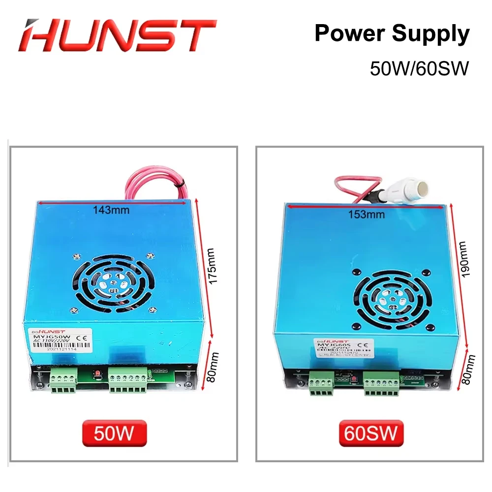 Hunst myjg 50w 60w fonte de alimentação a laser co2 110v/220v opcional, adequado para máquina de corte e gravação 40 ~ 70w tubo de vidro