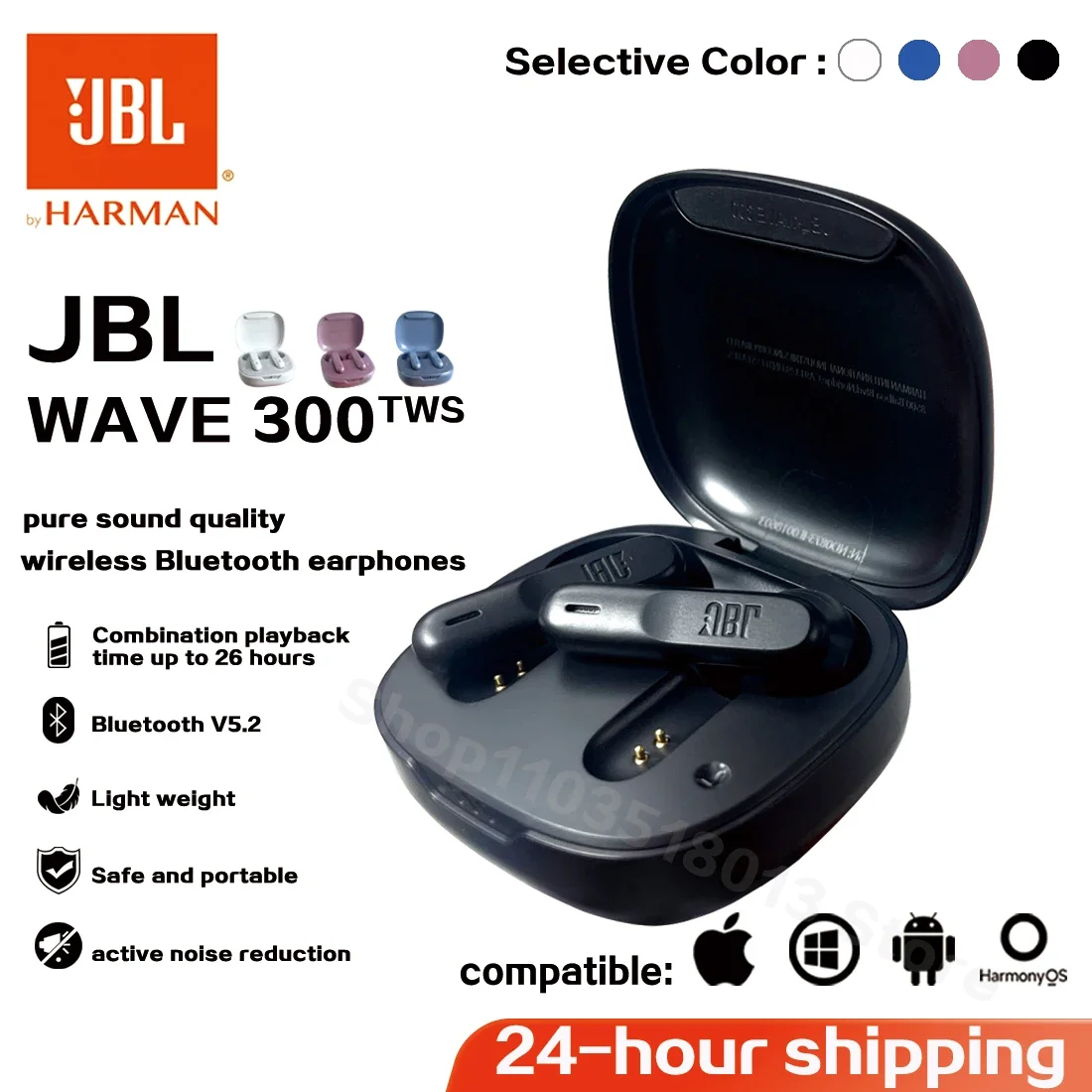 Auriculares inalámbricos originales JBL Wave 300 TWS, auriculares Bluetooth W300 con sonido de graves, auriculares deportivos con micrófono y funda gratuita