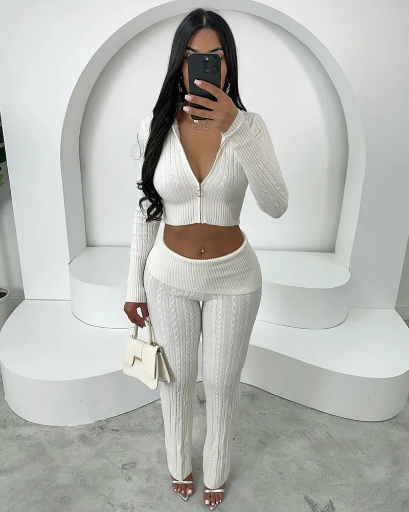 Fall Clothing Sweater Suit Two Piece Pants Set for Women Clothes Fashionable 2024 Solid Color Knitted Top and Pants 2 Piece Sets