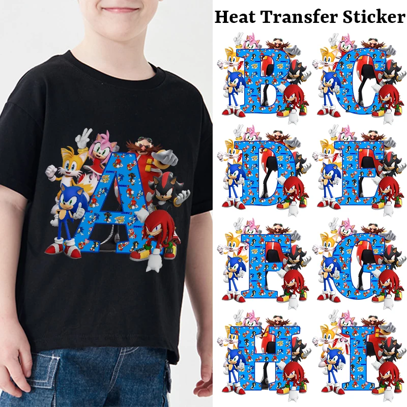 Sonics Cartoon Heat Transfer Sticker A-Z English Letter Iron on Patches Anime Cute Clothes Appliques DIY Decal Christmas Gifts