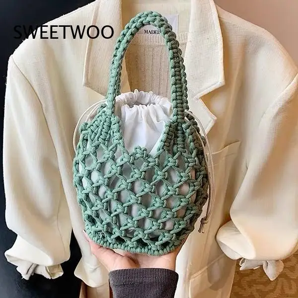2026 French Style Hollow Mesh Woven Handbag Macaron Color Small Tote with Drawstring Inner Pouch
