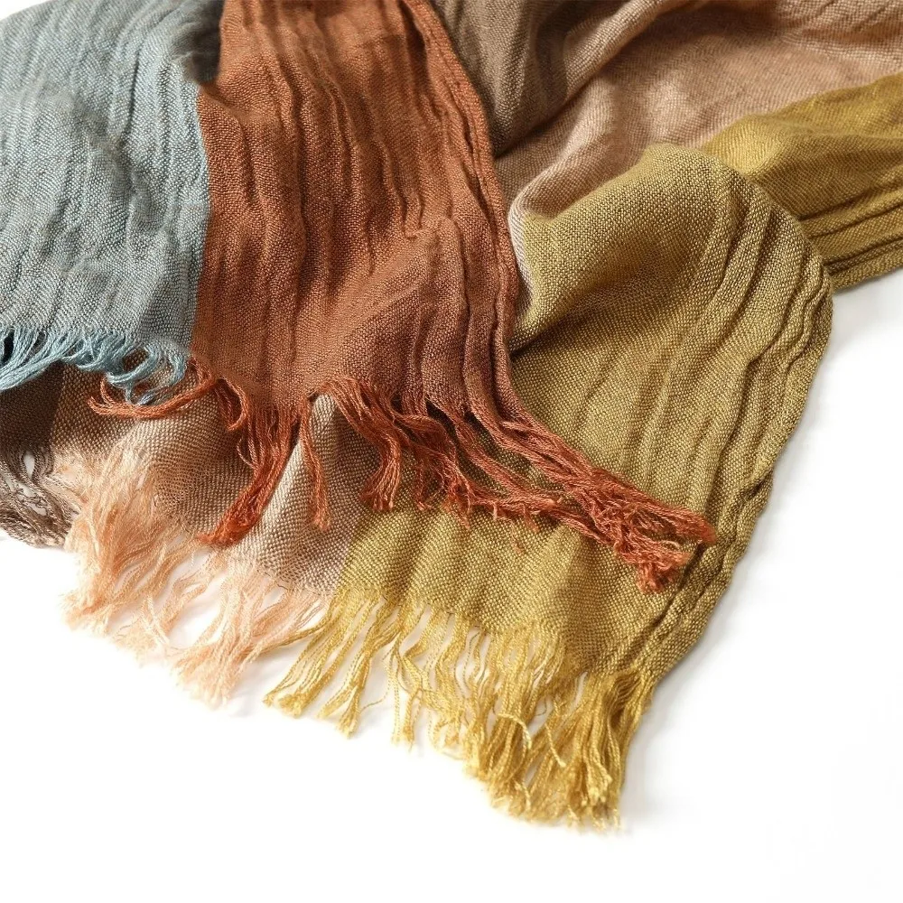 Color Block Striped Cotton Linen Scarf Soft Crinkled Fringe Polyester Neck Wrap Dual-Use Large Size Neck Warmer Spring
