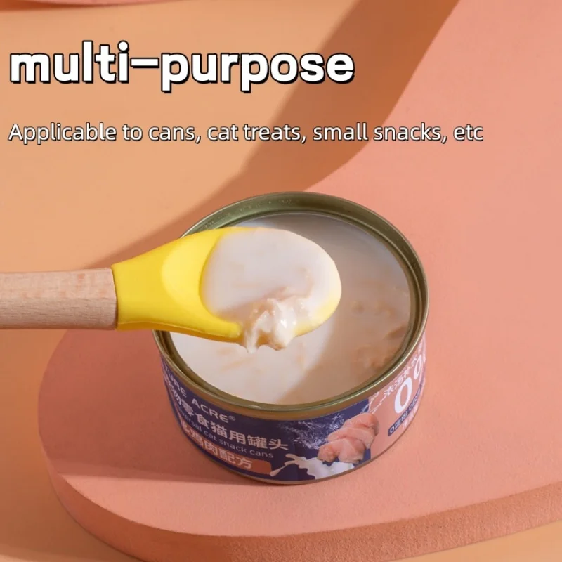 Silicone Cat Wet Food Spoon, Wooden Handle Pet Can Scraper, Food Grade BPA Free Feeding Spoon for Dog Kitten Small Animals