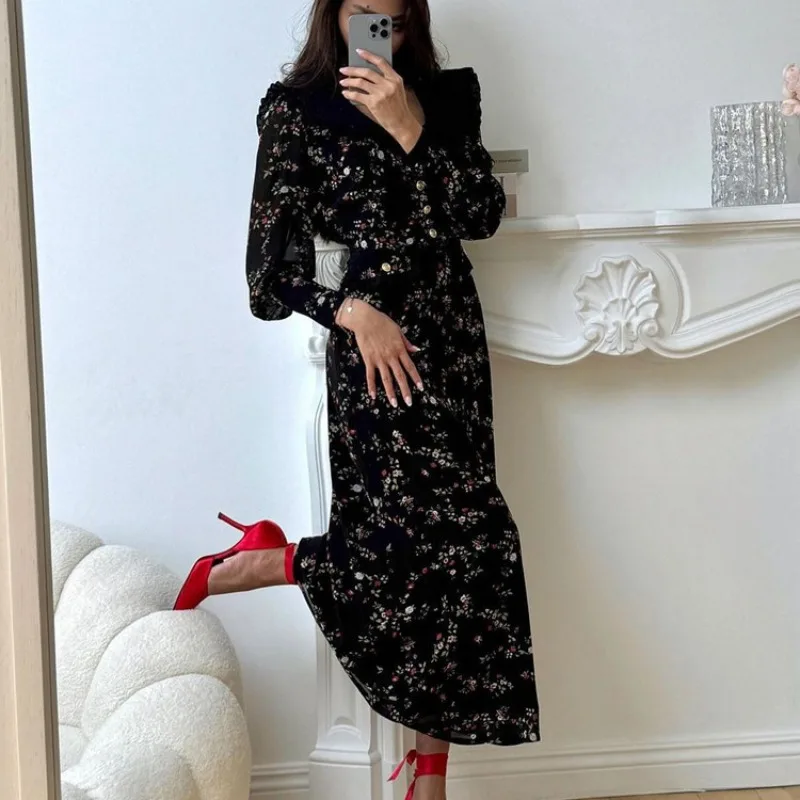 

Tuularose Elegant Ruffle Printed Dress Vintage High Waist Contrast Ruffle Long Dresses Luxury Lapel Women Evening Dresses Female
