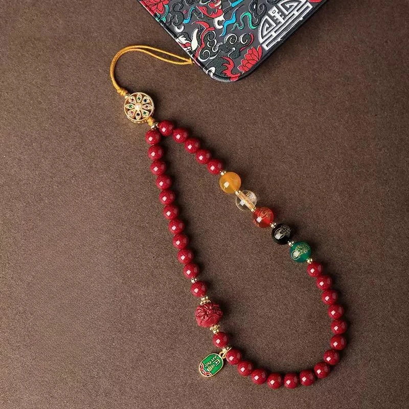 Red Cinnabar Lion Dance Bead Phone Strap Hand Knitting Genuine Natural Bangle  Accessory Fashion Gift Jewelry Energ Healing y