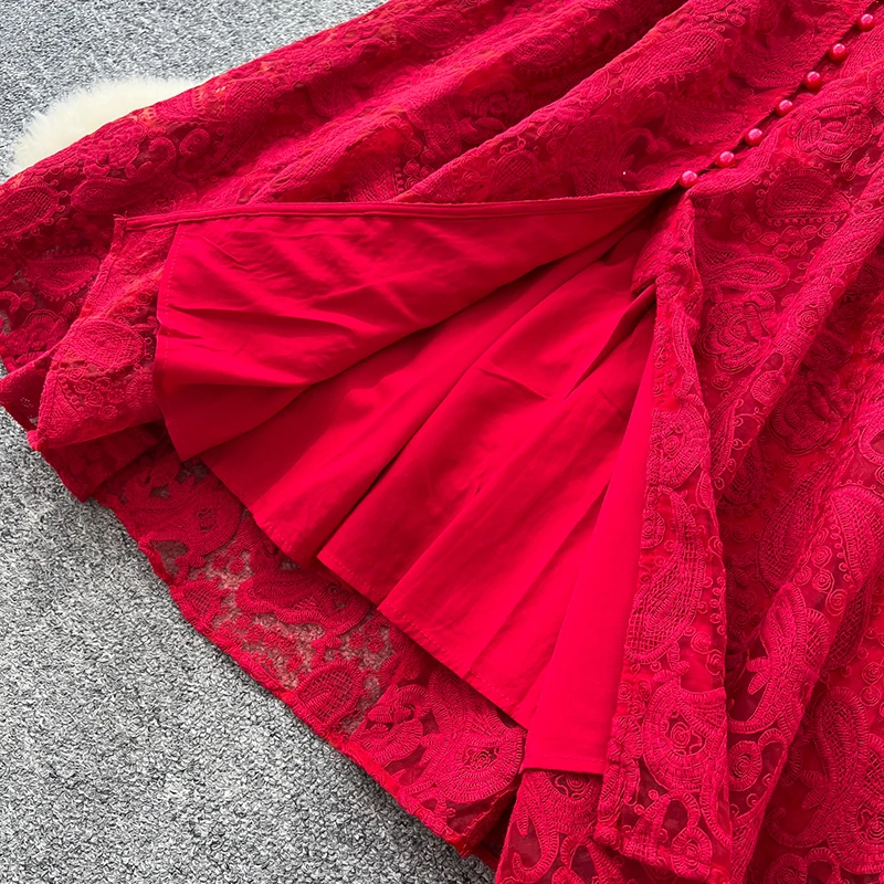 Spring Autumn High End Elegant Birthday Party Women's Dress New French Hook Flower Single Breasted Slim Lace Long Dress S89