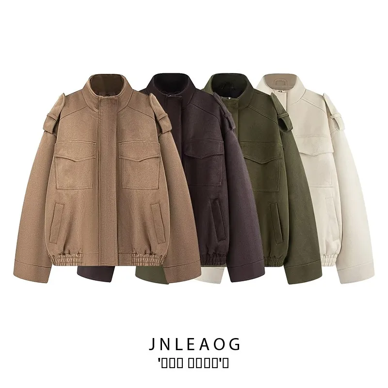 JNLEAOG Jesienna Nowa Damska Modna Uniwersalna Kurtka Ozdobiona Sztuczną Skórą, Długi Rękaw, Zapinana na Zamek, Wykonana z Włókna Poliestrowego