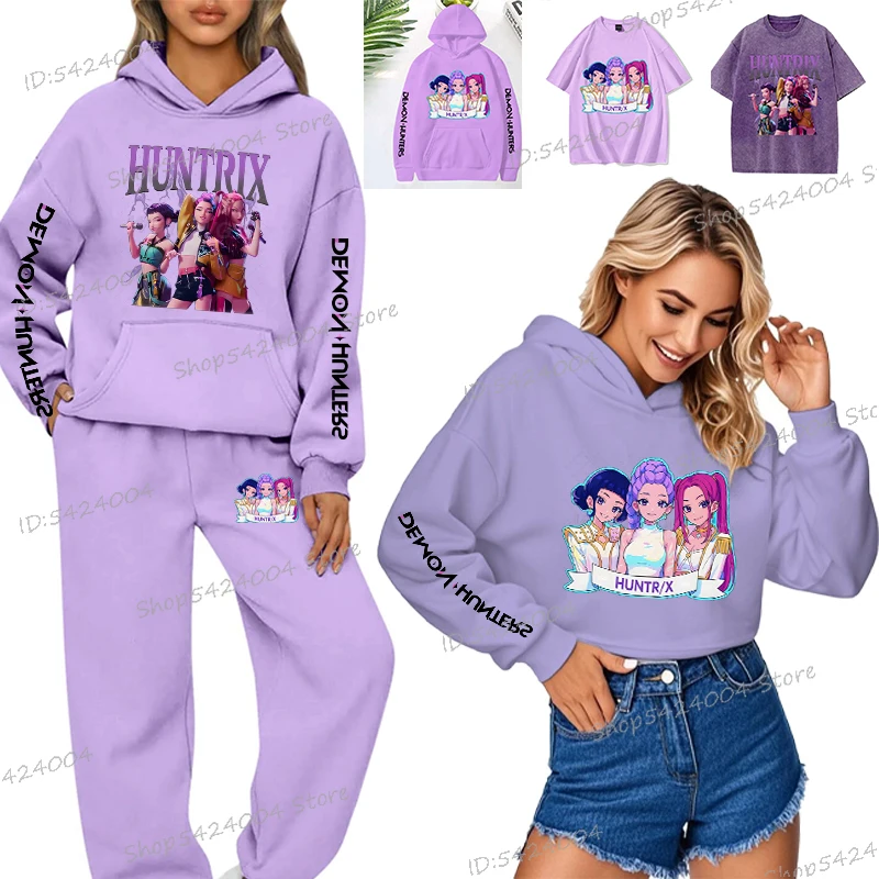 

Фиолетовый свитшот с героями мультфильмов, винтажный пуловер с кошачьими ушками в стиле аниме, короткие топы, новинка 2025 года, хлопковая футболка, брюки, комплект из 2 предметов