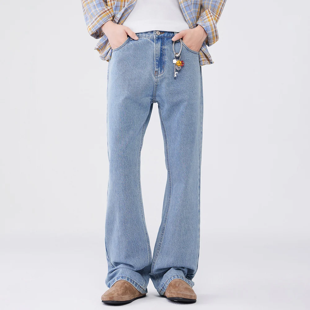 

Spring Autumn Washed Blue Jeans Men Vibe Fashion Japanese Streetwear Vintage Loose Casual Micro Flared Jeans Denim Pant Trousers