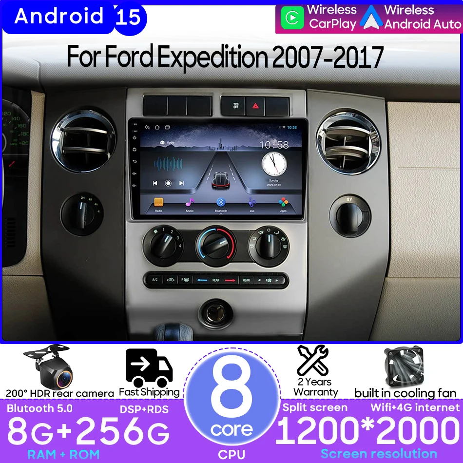Android 15 Car Multimedia Player Wireless for Ford Expedition 2007 - 2017 GPS 2din Navigation Carplay Stereo Video Autoradio BT