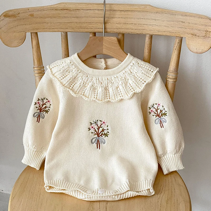 Korean Style Toddler Baby Girl Romper Knitting Long Sleeve Flower Embroidery Autumn Spring Newborn Baby Girl Knitting Jumpsuit