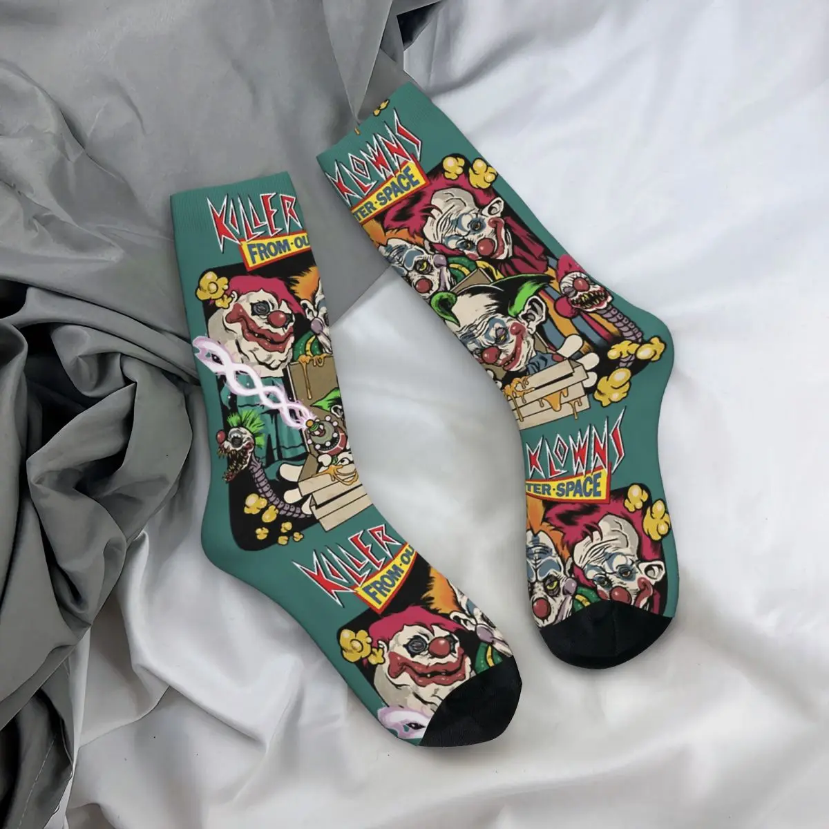 Funny Compression Sock for Men Vintage Halloween Hip Hop Killer Klowns from Outer Space horror film Pattern Printed Crew Sock