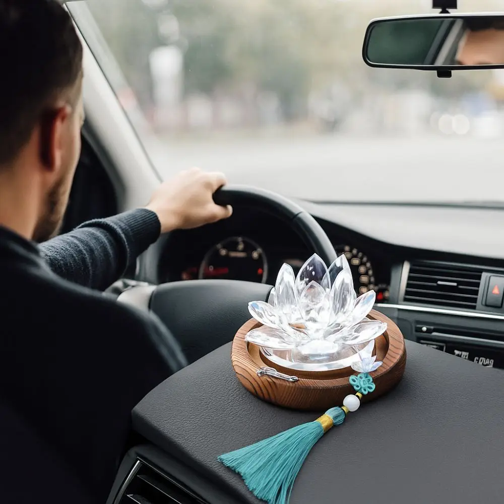 

Good Luck Lotus Crystal Car Ornament Chinese Style Romantic Car Center Console Ornament Wooden Base with Tassels