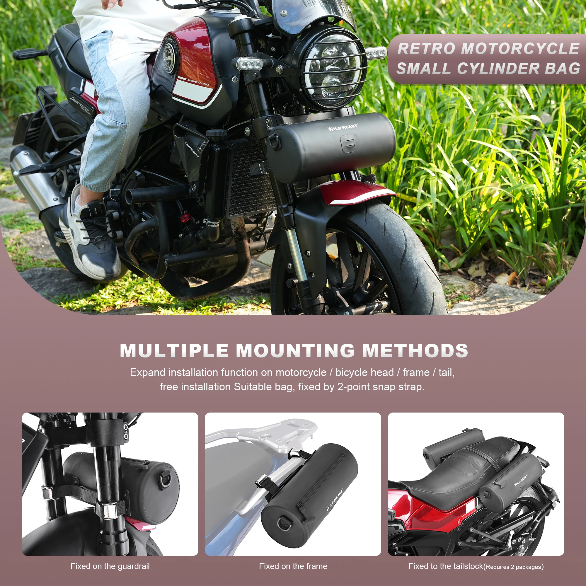 WILD HEART Vintage Waterproof Motorcycle Bag Front Handlebar Bag Side Tool Bag Universal Cylinder Bag for Bike Bicycle