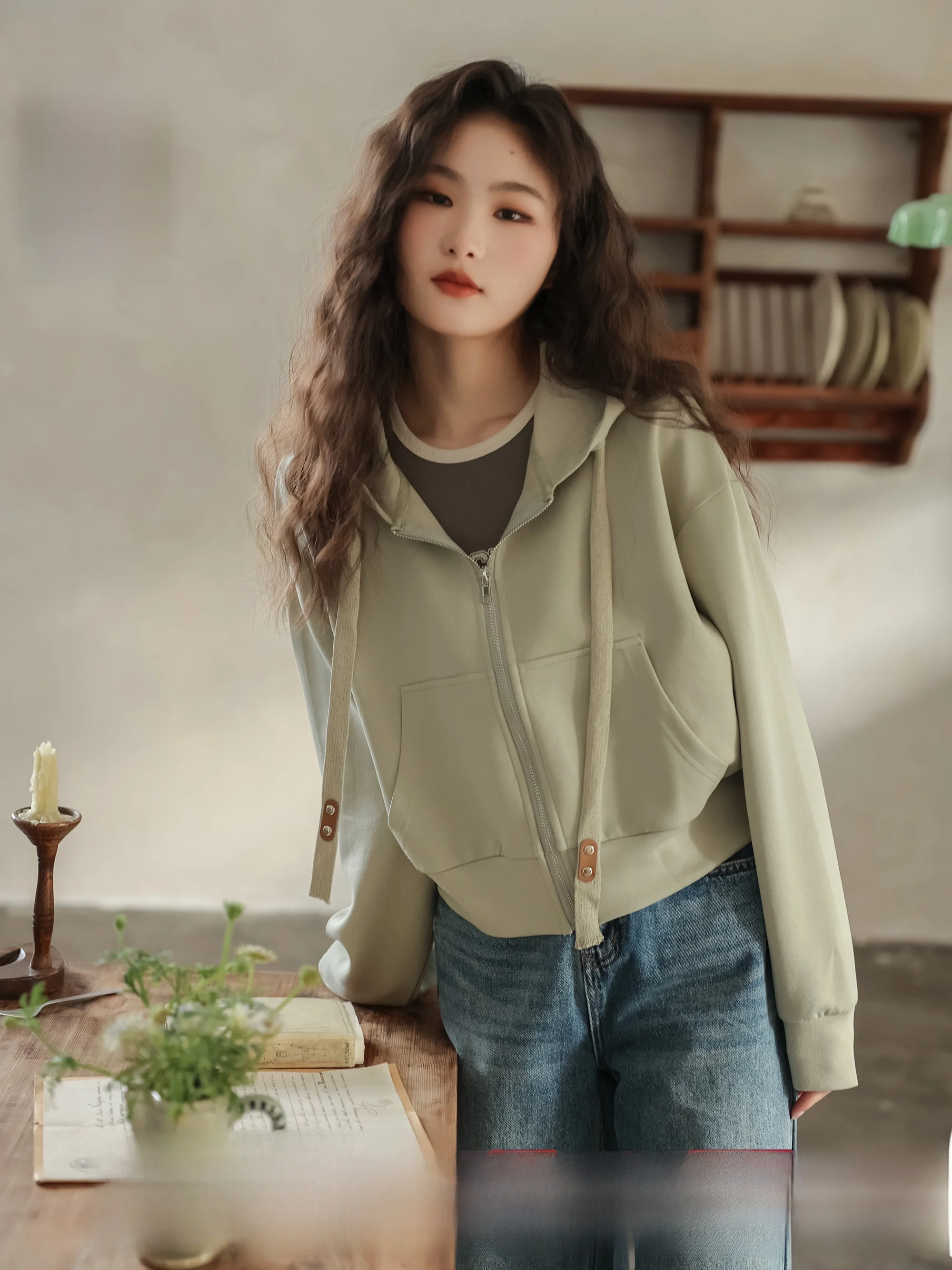 

Женская толстовка-куртка с длинными рукавами из смесового хлопка и полиэстера, модная верхняя одежда для повседневной носки