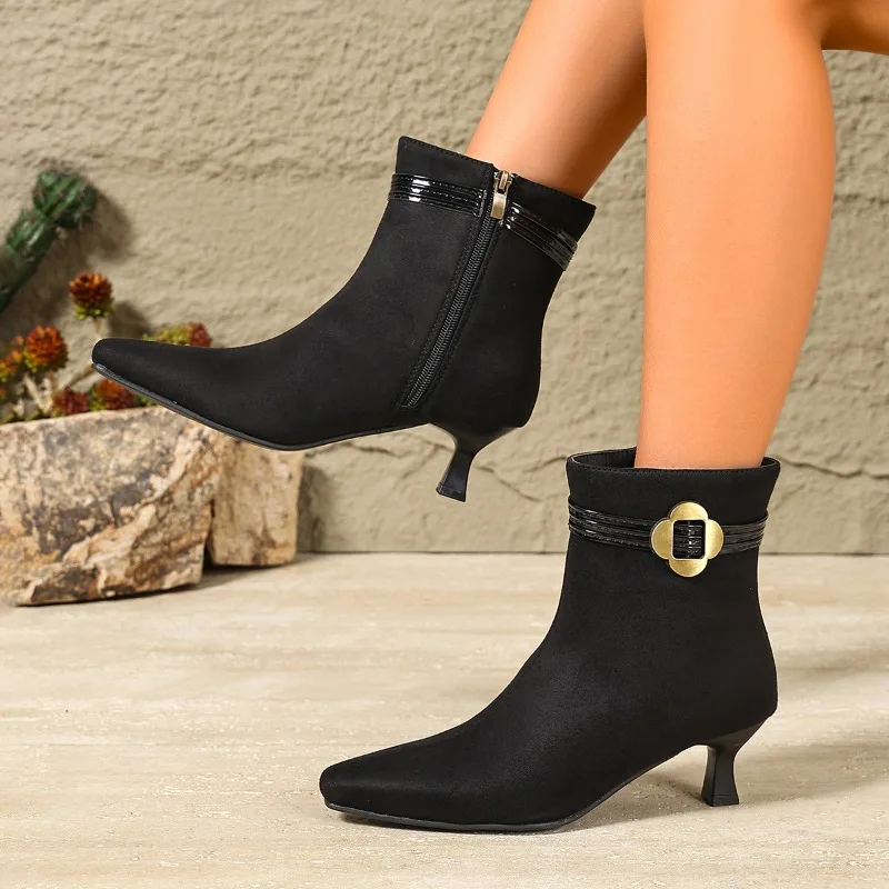 Women Boots Fashion Suede Casual Short Boots Temperament Pointed Black Slim-fitting Boot High Heels Boots Side Zipper Ankle Boot