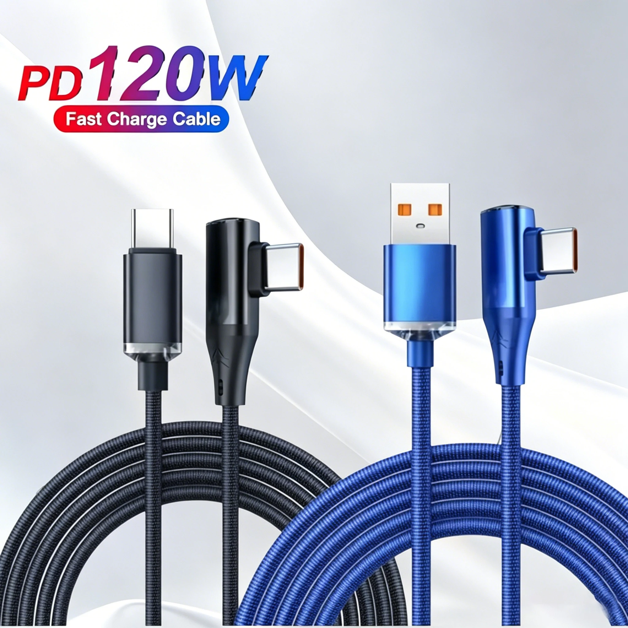 120W 6A Fast Charging Cable Type C To Type C 90 Degree Cable USB C To USB C Quick Charging Data Cord For iPhone Samsung Huawei