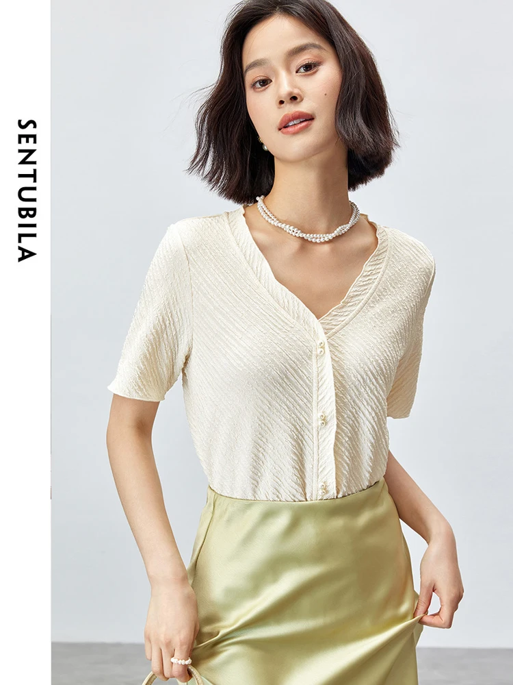 SENTUBILA Summer Knitted Tops Thin Sweater for Women 2024 Elegant Chic V Neck Short Sleeve T Shirts Female Knitwear 132T48077