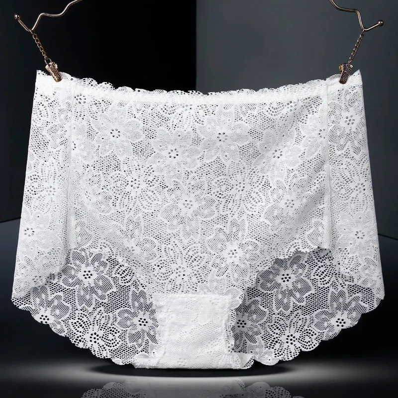 Sexy Hollow Flower Transparent Lace Women\'s Underwear Mid Waist Cotton Bottom Breathable Ice Silk Briefs Quick Dry Panties C100