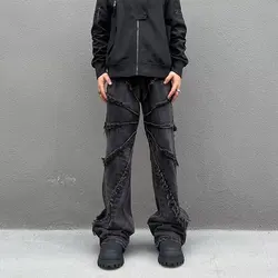 Cyber-Jean Baggy Empilé Noir Délavé pour Homme, Pantalon Droit, Hip Hop, Long, FjPantalones, Zones, Mode, Y2K, 2023