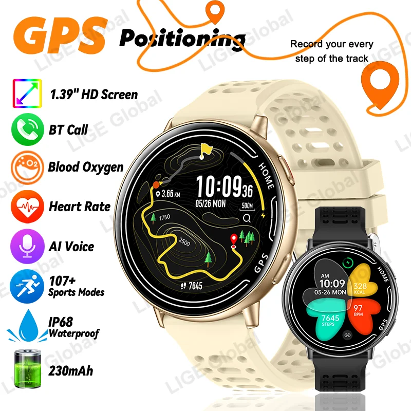 

LIGE New GPS Tracking Smart Watch Women 1.39" HD Heart Rate Blood Oxygen Voice Calling IP68 Men Fitness Smartwatch 107 Sports