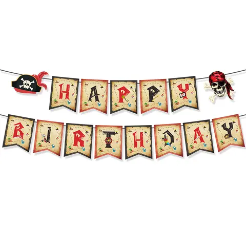 Happy Birthday Cartoon Pirate Theme Party Wall Hanging Baby Boys Flags Banners for Family Home Holiday Festival Decoration