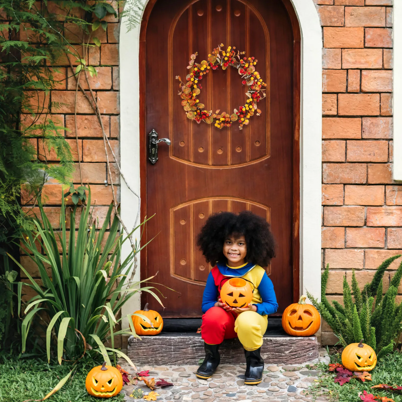 

Artificial Wreath Decorations Plastic Autumn Home Door Wall Decor Flower Ring Golden Eucalyptus Apple Design Fade