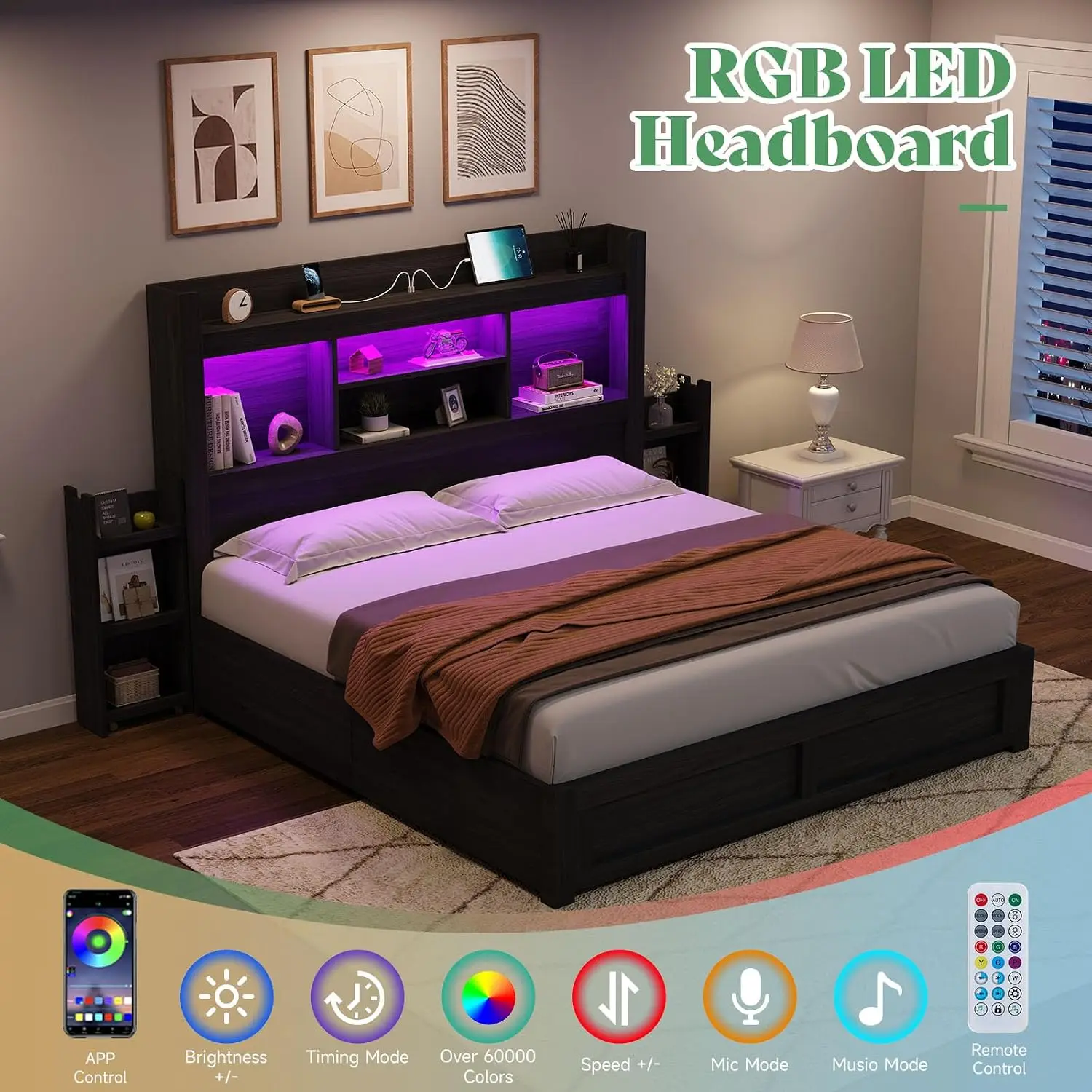 Full Bed Frame with Bookcase Headboard & Storage, Black, Customized image 4