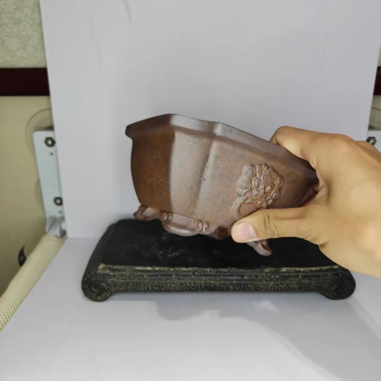 

square Yixing cllay bonsai pot with animal head design