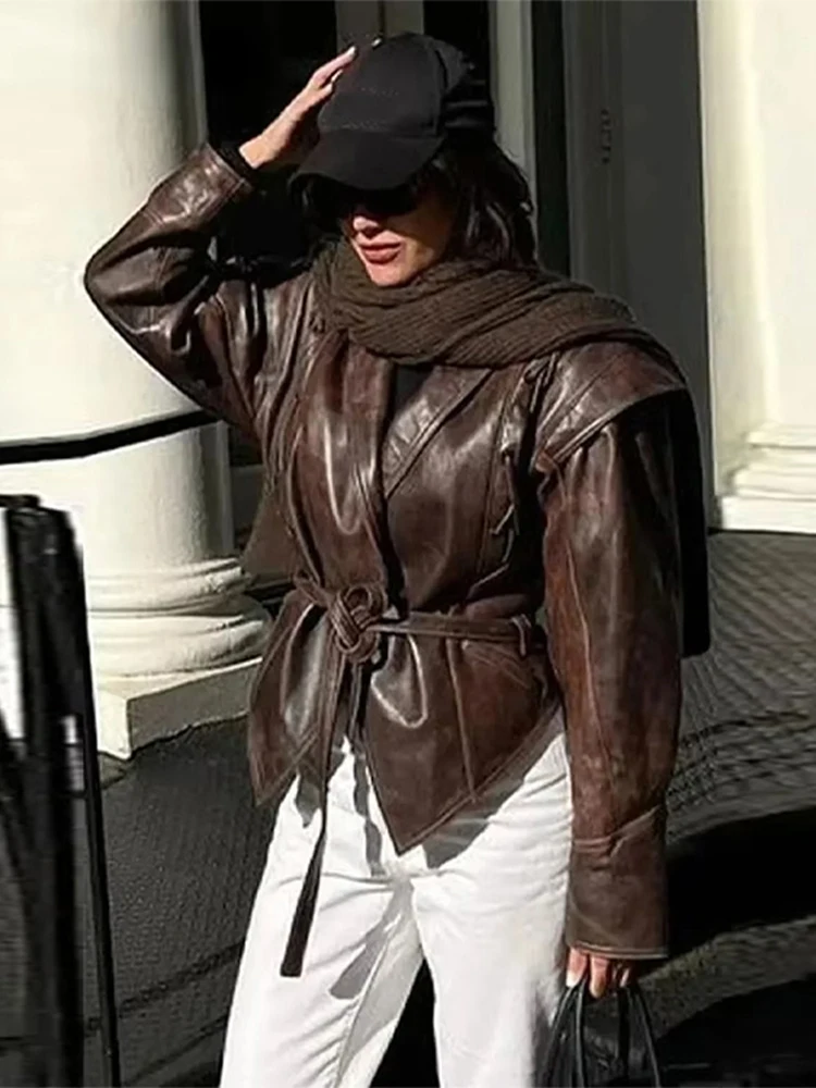 

Vintage Leather CroppedJacket for Women With Belt V Neck Button Long Sleeve Motorcycle Coffee Coat 2025 Autumn Ladies Outerwear