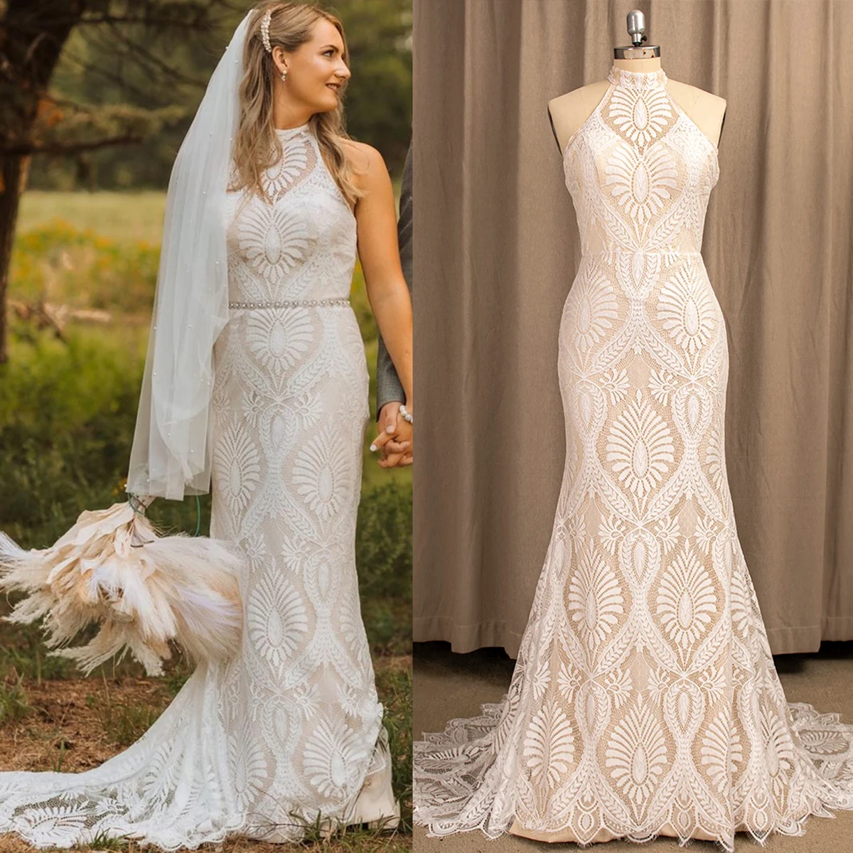 Vestido de novia de encaje Floral con cuello Halter, vestido de novia largo de sirena sin espalda, sin mangas, fotos reales, hecho a medida, talla grande, #2023, 9271