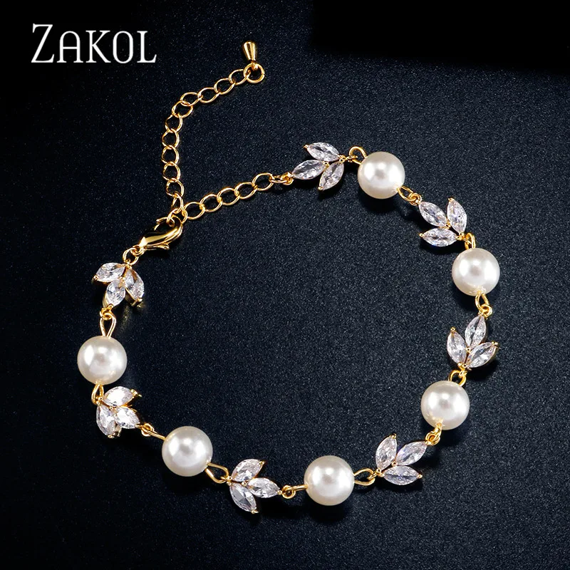 

ZAKOL Elegant Imitation Pearl Beads Bracelets for Women Luxury Cubic Zirconia Leaf Charm Bracelet Stylish Sweet Wedding Jewelry