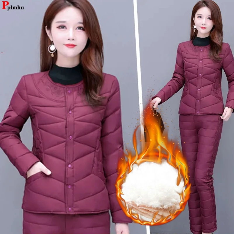 Winter Down Cotton Lined Slim 2 Pieces Sets Warm O-neck Button Coat Ensemble High Waist Straight Pants Suits Snow Wear Outfit