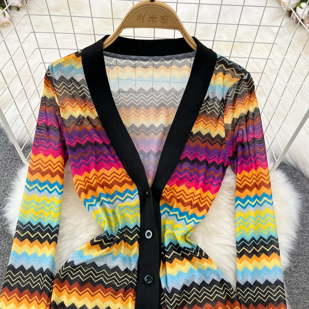 Runway Fashion V-neck Rainbow Color Striped Long Maxi Dresses Women Vintage Long Sleeve Mesh Sunscreen Beach Dresses